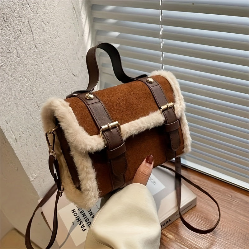 Sac Vintage en Peluche – Chic Carré à Bandoulière Métallique & Douceur Luxueuse