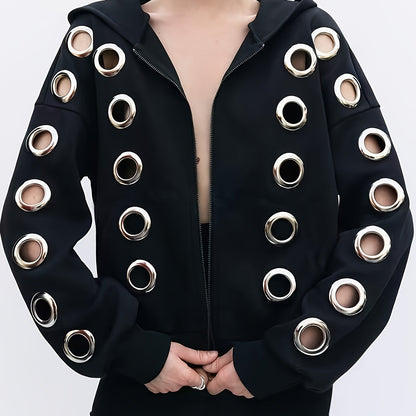 Veste à Capuche Noire – Style Casual avec Détails Découpés & Ceinture Accent