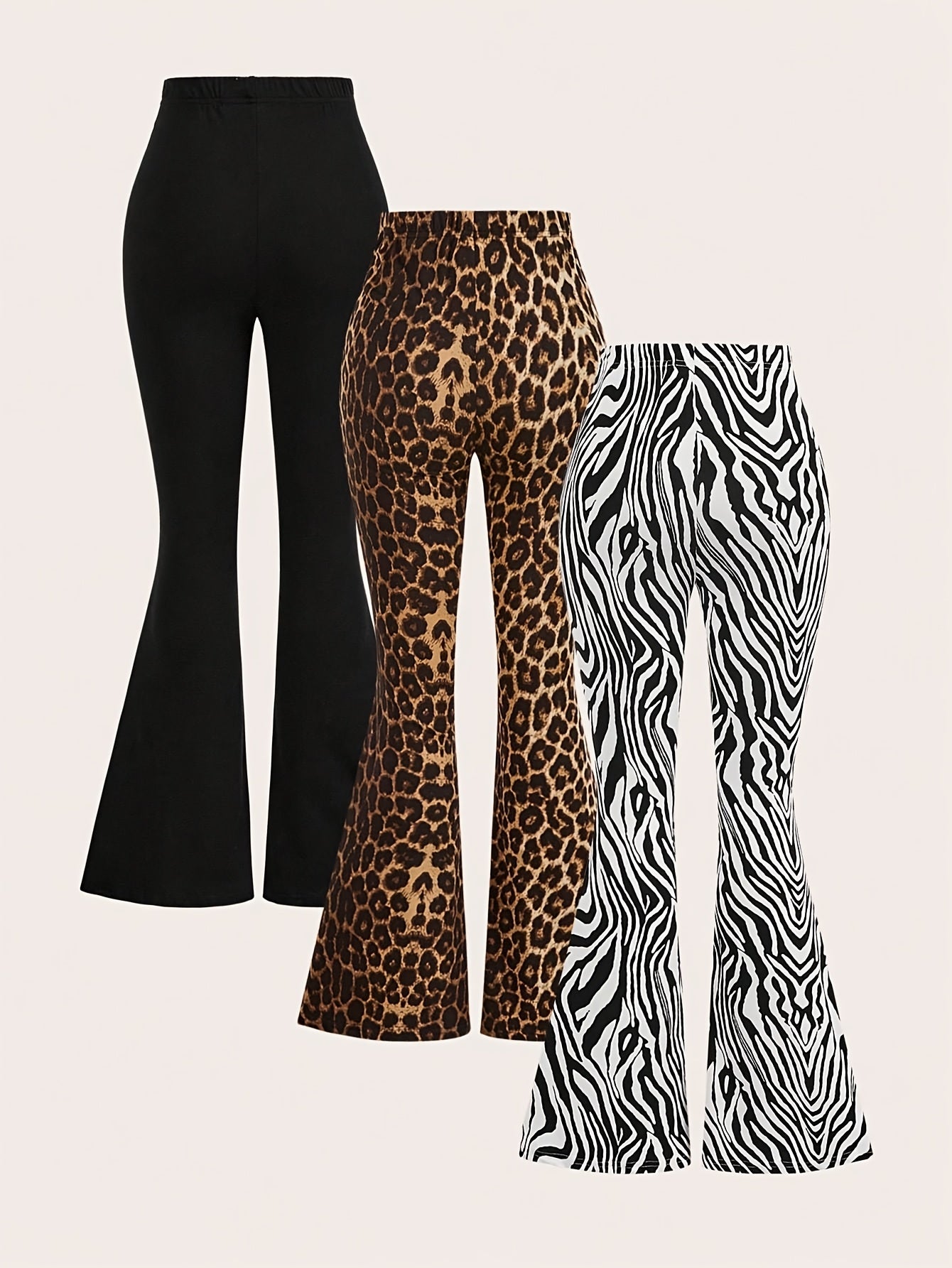 Pack 3 Pantalons Femme Évasés – Imprimé Léopard & Zèbre
