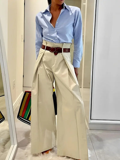 Pantalon large taille haute beige