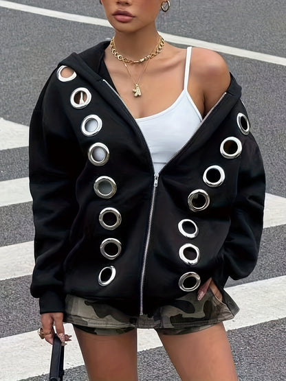 Veste à Capuche Noire – Style Casual avec Détails Découpés & Ceinture Accent