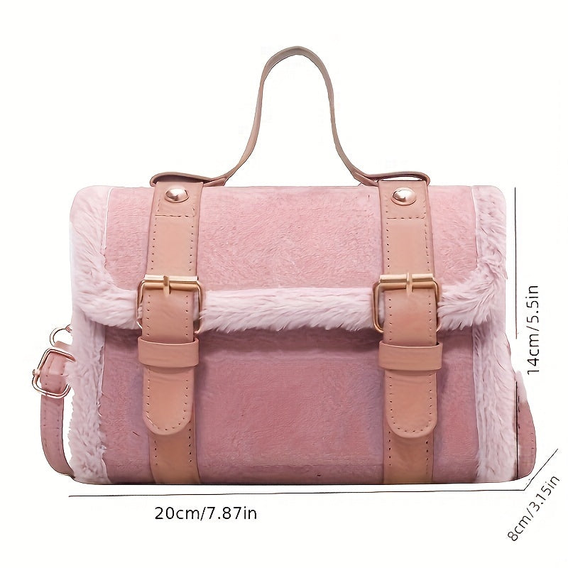 Sac Vintage en Peluche – Chic Carré à Bandoulière Métallique & Douceur Luxueuse