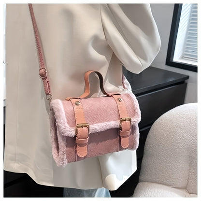 Sac Vintage en Peluche – Chic Carré à Bandoulière Métallique & Douceur Luxueuse