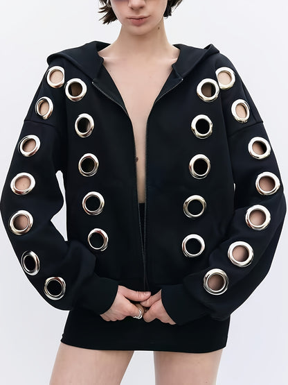 Veste à Capuche Noire – Style Casual avec Détails Découpés & Ceinture Accent