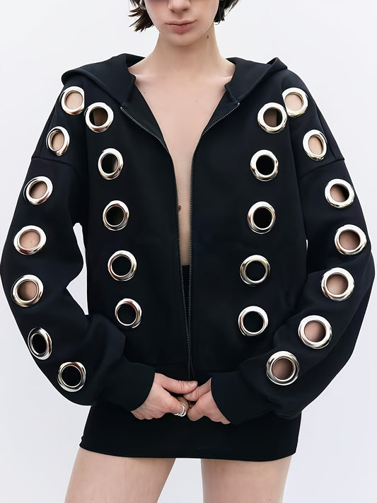 Veste à Capuche Noire – Style Casual avec Détails Découpés & Ceinture Accent