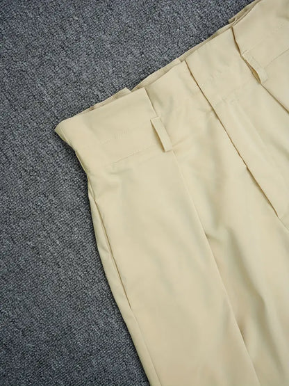 Pantalon large taille haute beige